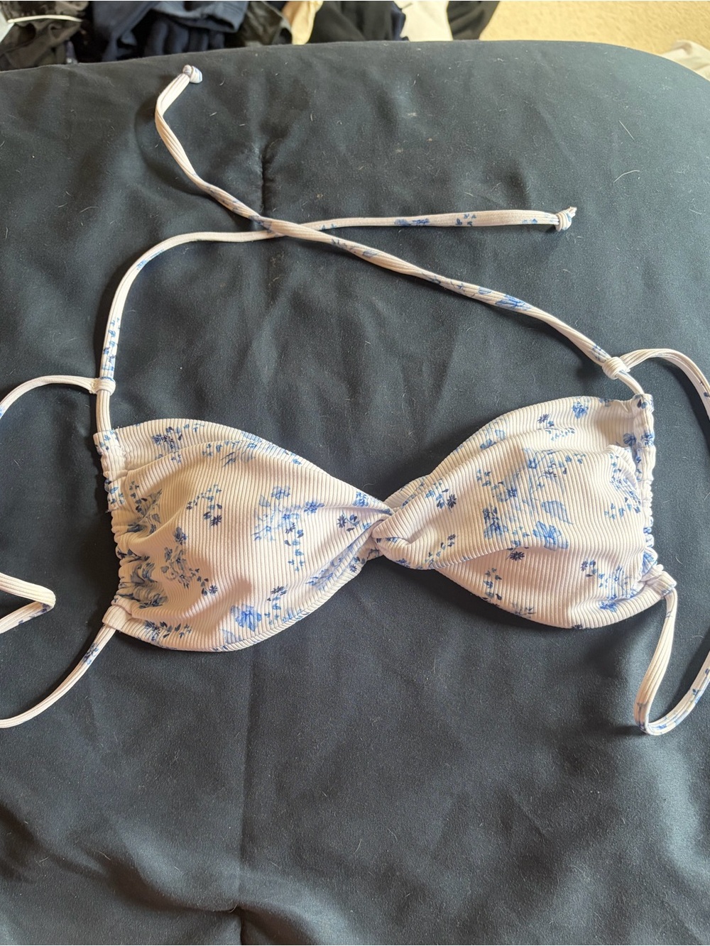 Floral Ribbed Bikini Top - Pale Pink with Blue Print